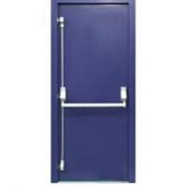 Blue steel exterior FR door with vertical rod panic bar