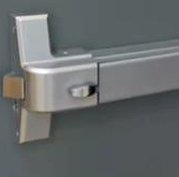 Close-up of a stainless panic exit push bar