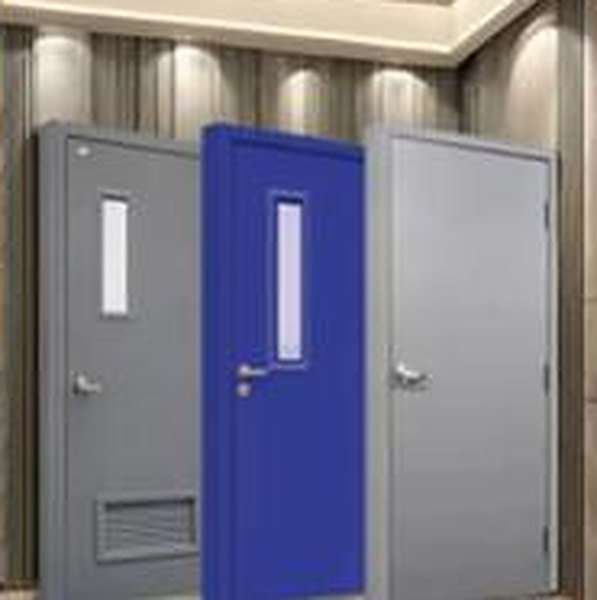 Grey and blue pre-hung steel FR doors with vision panels