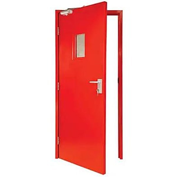 Red single leaf steel FR door with vision panel